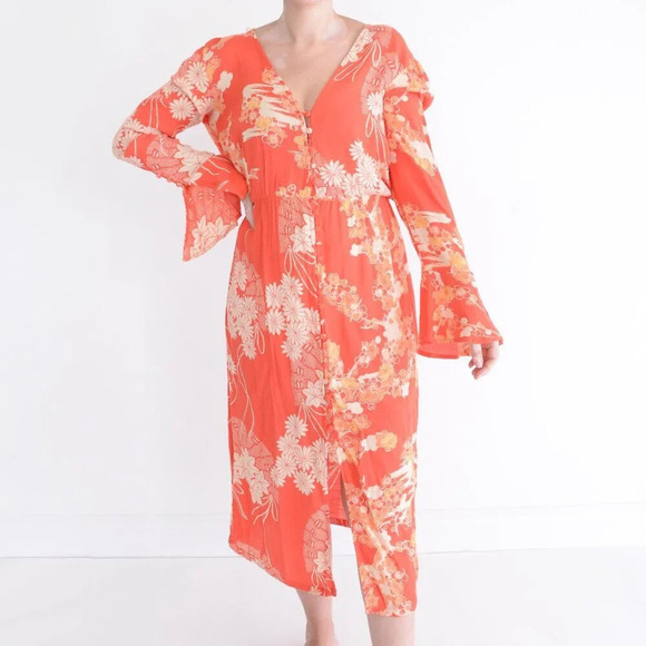 Free People Mixed Print Twist Orange Floral Boho  Maxi Dress XS - Picture 1 of 16